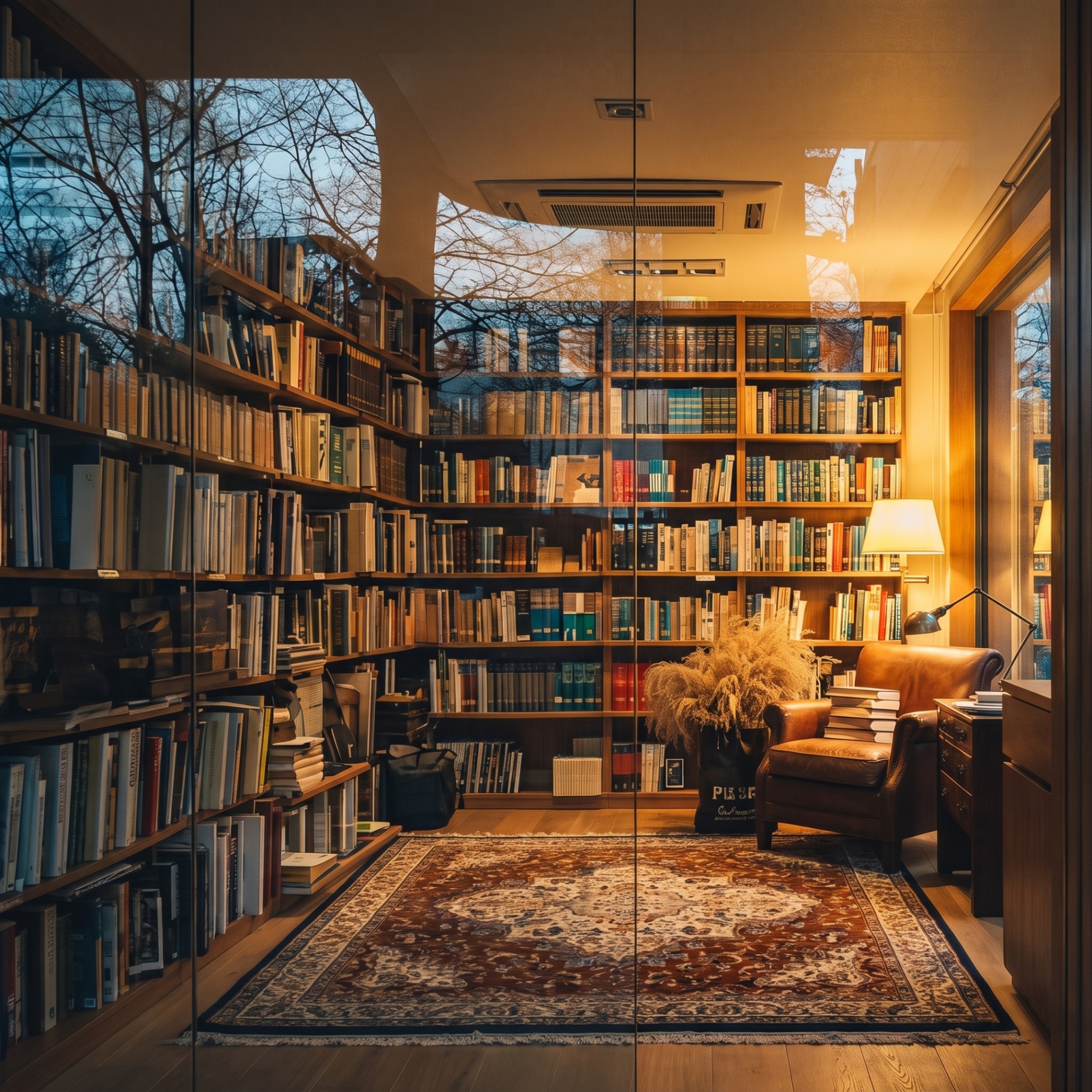 View through the glass storefront of Redwood Books — floor-to-ceiling wooden bookshelves filled with hardcovers and paperbacks, a warm reading nook with a leather armchair, brass floor lamp, and Persian rug lit by golden evening light